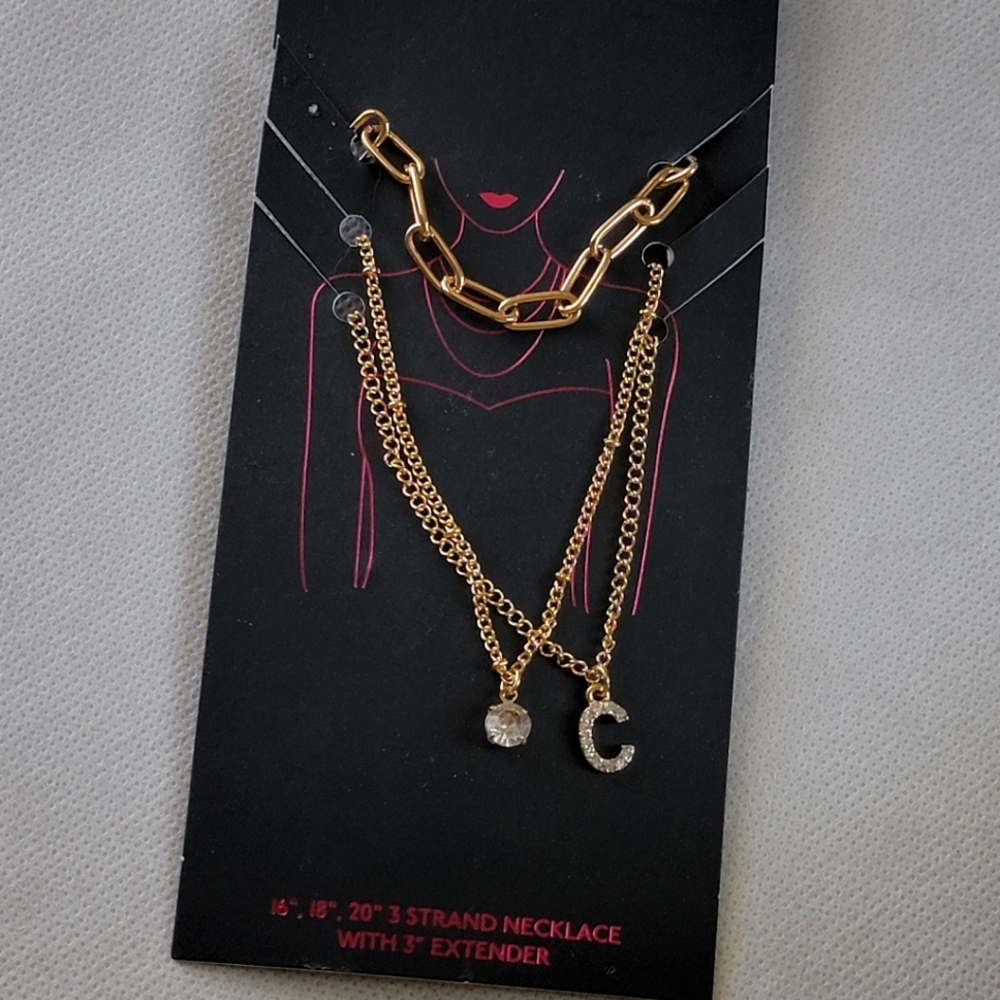 3 Strand Letter C Rhinestone Initial Necklace